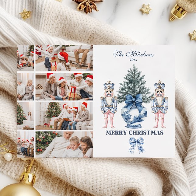 8 Photo Blue Chinoiserie Nutcracker Christmas Holiday Card (Creator Uploaded)