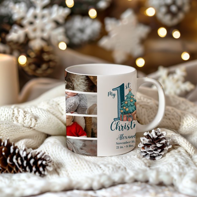 8 Photo Blue Teddy Baby 1st Christmas Coffee Mug (Creator Uploaded)