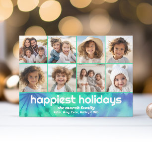 8 Photo Border - Merry Christmas - Tie-Dye Teal Holiday Card