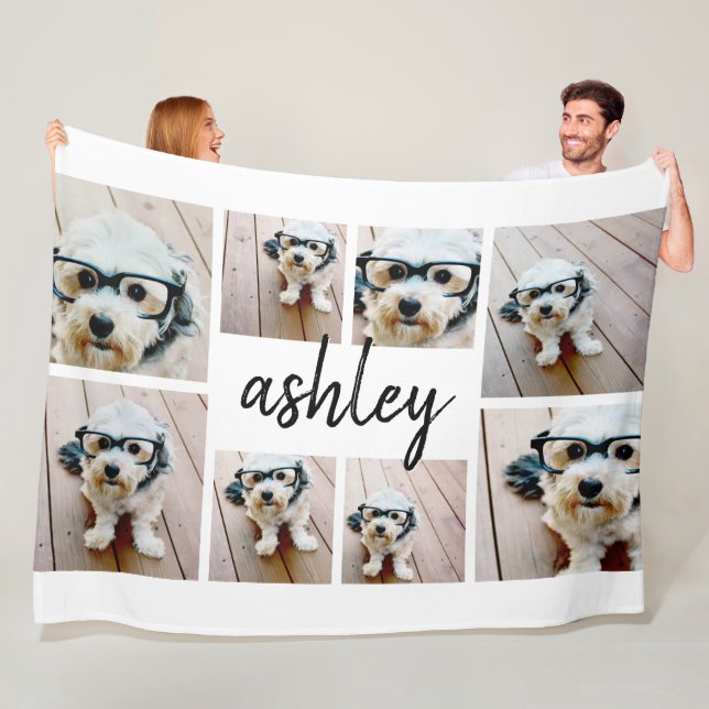 8 Photo Collage Add Your Name Calligraphy Fleece Blanket (In Situ)