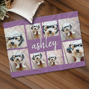 8 Photo Collage Add Your Name Calligraphy Purple Fleece Blanket