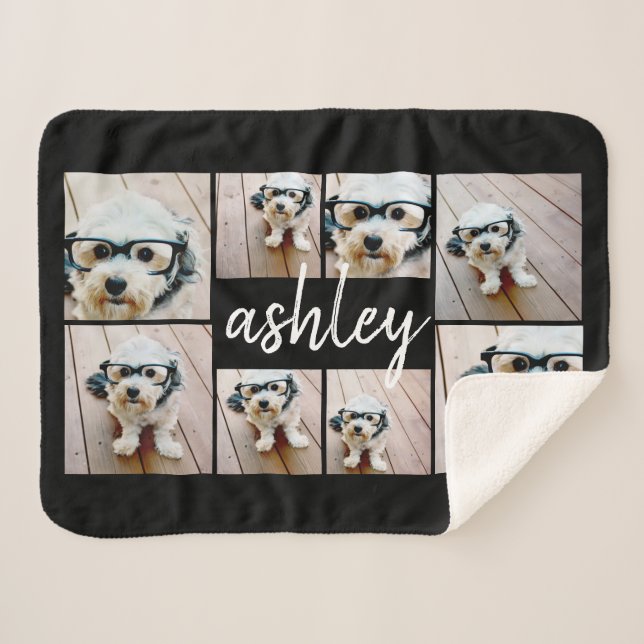 8 Photo Collage and Handwritten Name black Sherpa Blanket (Front (Horizontal))