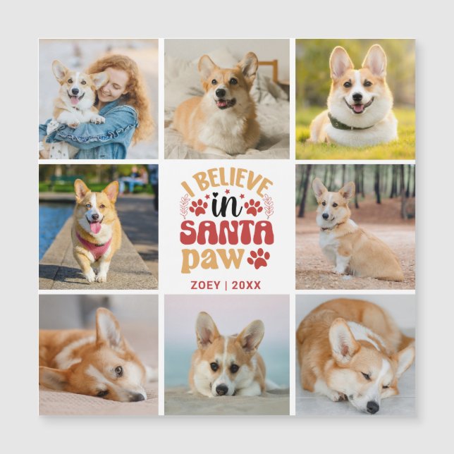 8 Photo Collage Believe In Santa Paw Magnetic Card (Front)
