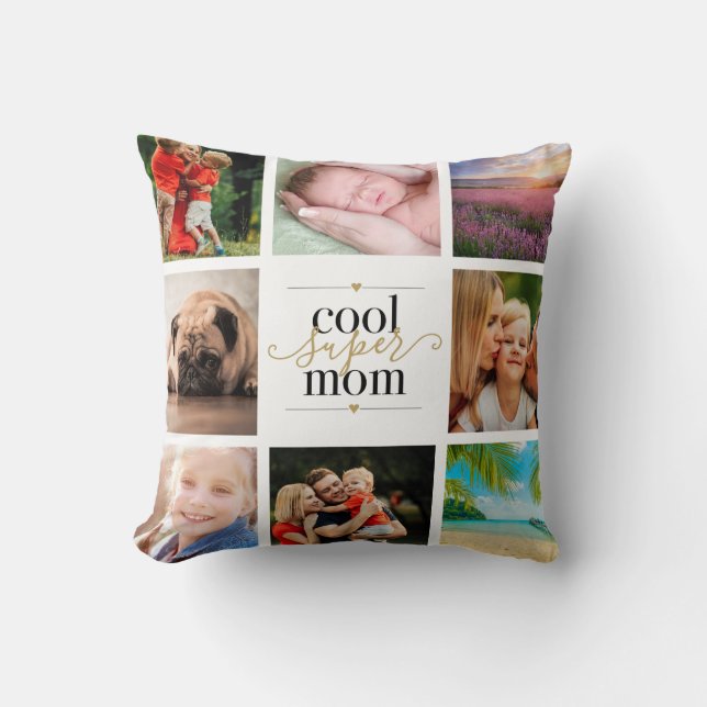 8 Photo Collage Black and Gold Cool Super Mum Cushion (Front)