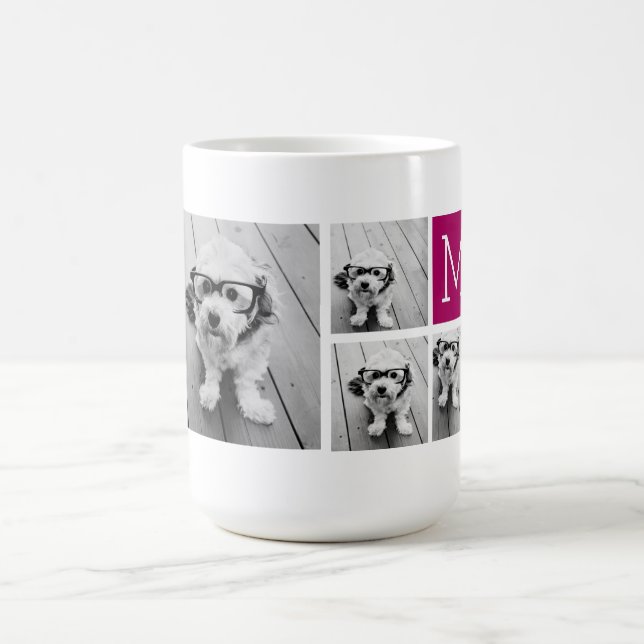 8 Photo Collage Custom Berry Monogram Coffee Mug (Center)