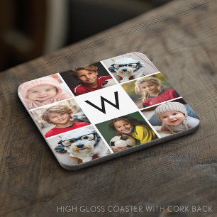 8 Photo Collage Custom Monogram Black and White Coaster