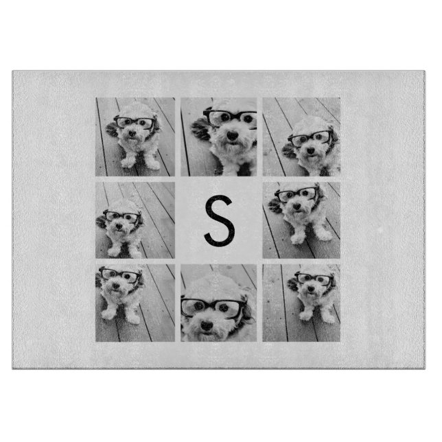8 Photo Collage Custom Monogram Black and White Cutting Board (Front)