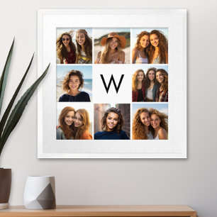 8 Photo Collage Custom Monogram Black and White Poster