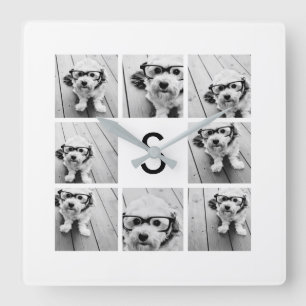 8 Photo Collage Custom Monogram Black and White Square Wall Clock
