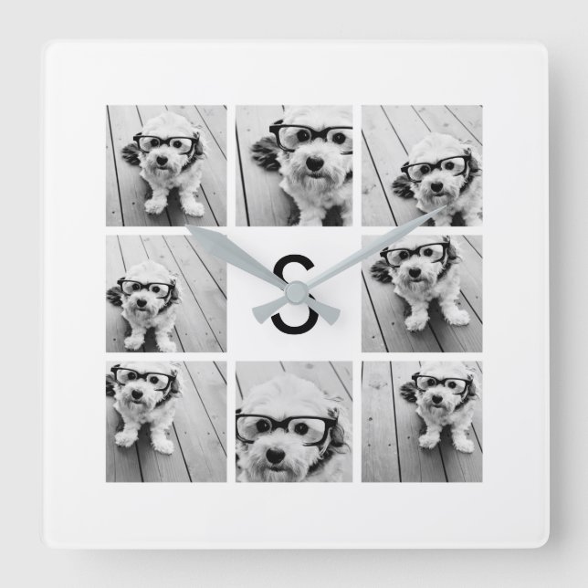 8 Photo Collage Custom Monogram Black and White Square Wall Clock (Front)