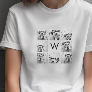 8 Photo Collage Custom Monogram Black and White T-Shirt