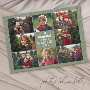 8 Photo Collage - Custom Text - Green Background Fleece Blanket