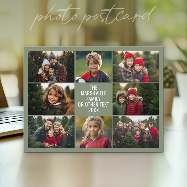 8 Photo Collage - Custom Text - Green Background Postcard (Photo Postcard that You Can Customize with your favorite photos - Modern, minimal design)