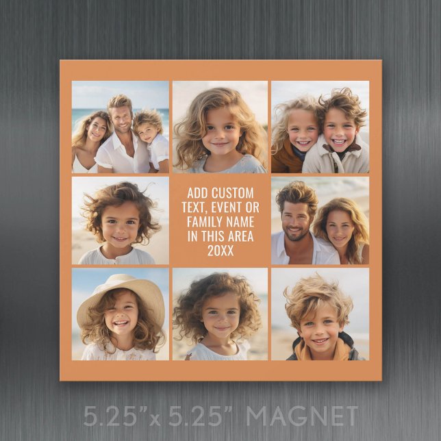 8 Photo Collage - Custom Text - Magnet (Square Refrigerator Magnet Card)
