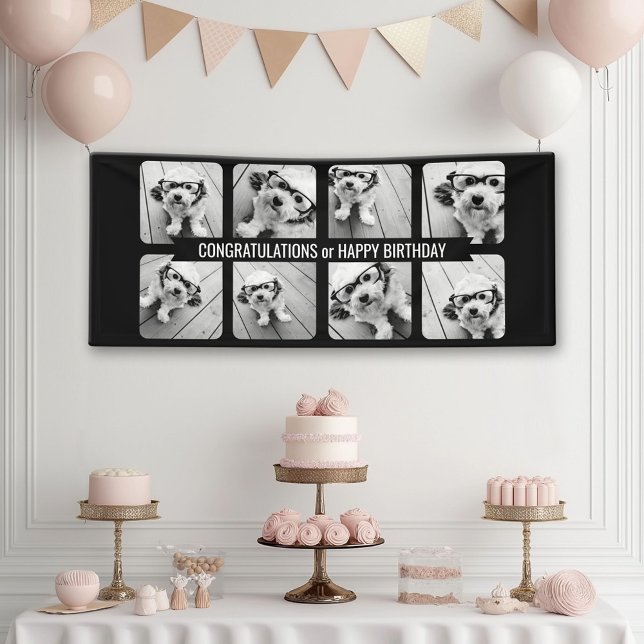 8 Photo Collage - Custom Text Ribbon - Black White Banner (Custom Photo Banner)