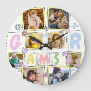 8 Photo Collage Cute Baby Pink Blue Granny Large Clock