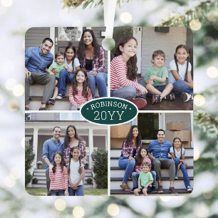 8 Photo Collage Family Name & Year Green & White Metal Tree Decoration