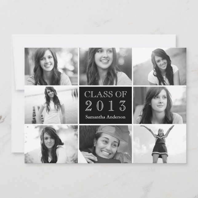 8 Photo Collage Graduation Invitation Black (Front)