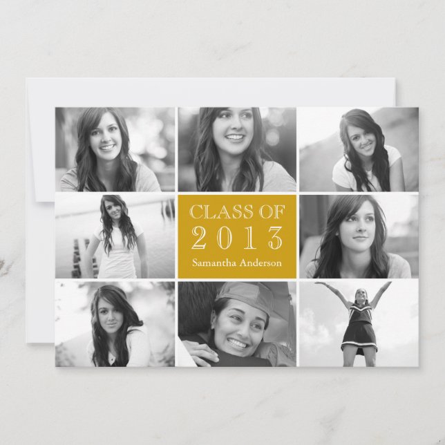 8 Photo Collage Graduation Invitation Gold (Front)
