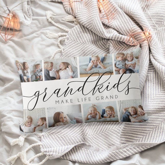 8 Photo Collage Grandkids Make Life Grand Lumbar Cushion (Creator Uploaded)