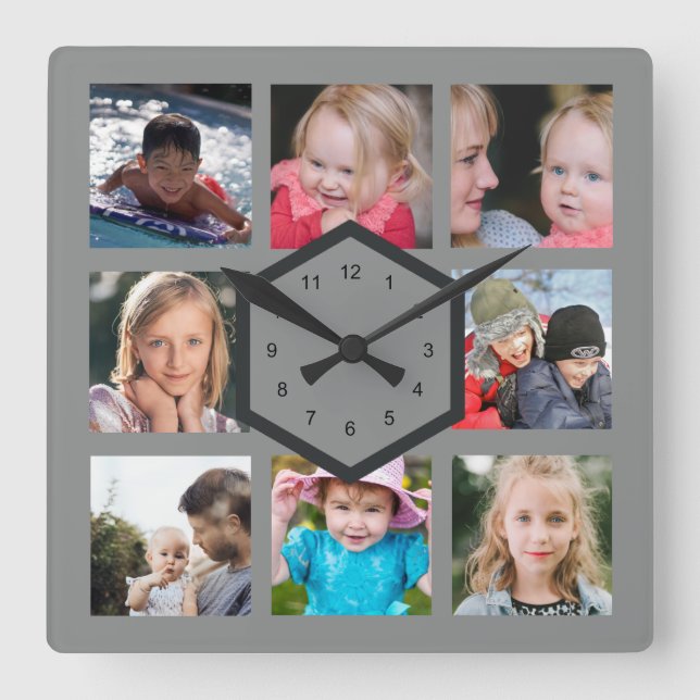 8 Photo Collage Grey Square Wall Clock (Front)