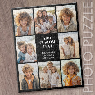 8 Photo Collage Grid - Centre Text Black White Jigsaw Puzzle