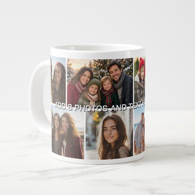 8 Photo Collage Grid - Custom Text Large Coffee Mug (Front Left)