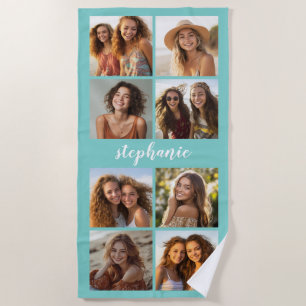 8 Photo Collage - Handwritten Name Pastel Blue Beach Towel