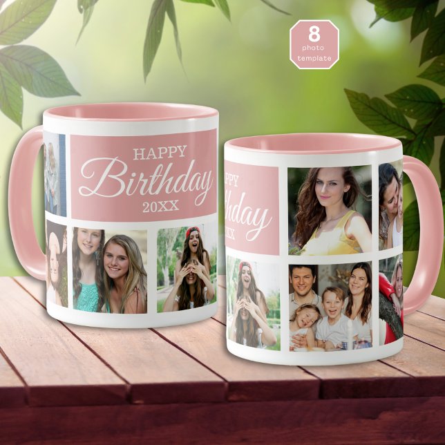 8 Photo Collage Happy Birthday Pink Mug (Creator Uploaded)