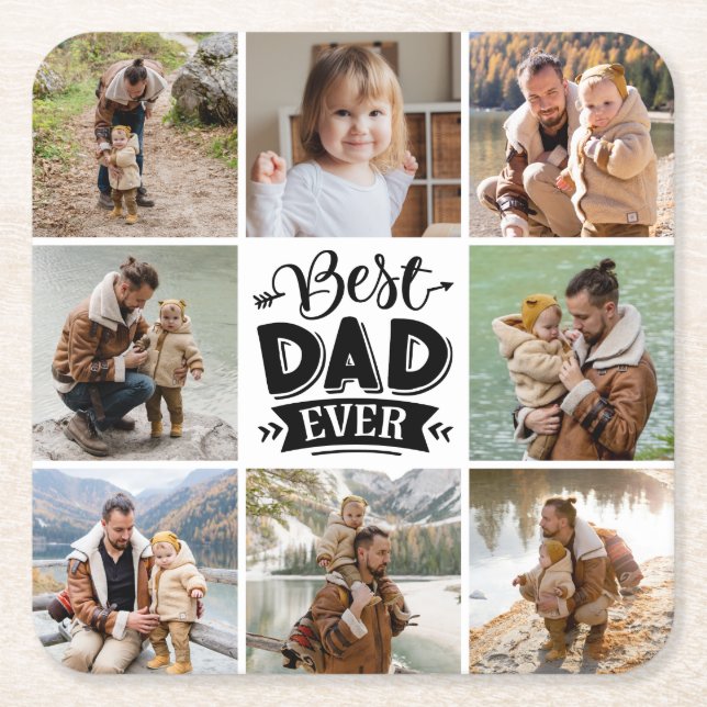 8 Photo Collage Happy Father's Day Best Dad Ever  Square Paper Coaster (Front)