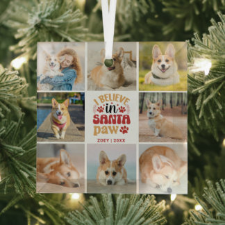 8 Photo Collage I Believe In Santa Paw Name & Date Glass Tree Decoration