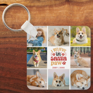 8 Photo Collage I Believe In Santa Paw Name & Date Key Ring