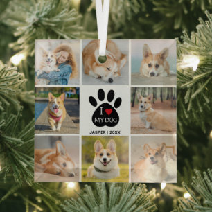 8 Photo Collage I Love My Dog Heart Paw Print  Glass Tree Decoration