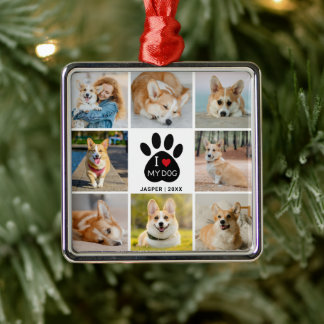 8 Photo Collage I Love My Dog Heart Paw Print  Metal Tree Decoration