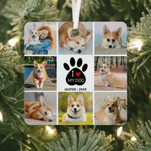 8 Photo Collage I Love My Dog Heart Paw Print  Metal Tree Decoration