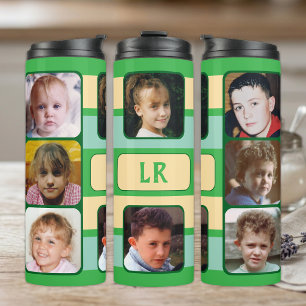 8 photo collage initials green beige thermal tumbler