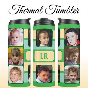 8 photo collage initials green beige thermal tumbler