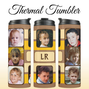 8 photo collage initials orange brown thermal tumbler