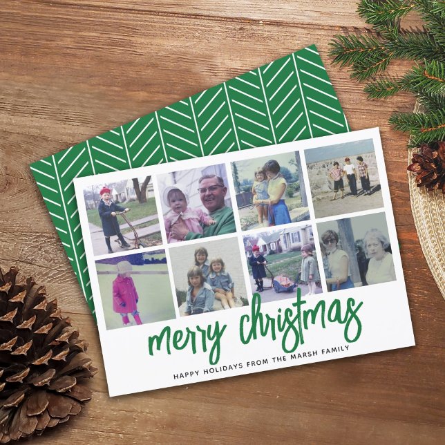8 Photo Collage - Merry Christmas Green Pattern Holiday Card (Creator Uploaded)
