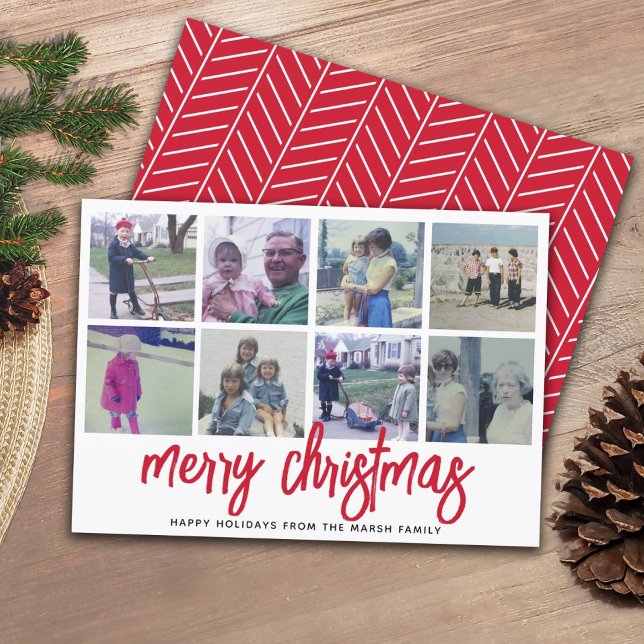 8 Photo Collage - Merry Christmas Red Pattern Holiday Card (Creator Uploaded)