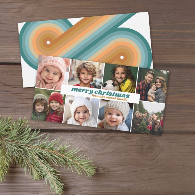 8 Photo Collage - Merry Christmas Retro Stripes Holiday Card (Trendy Retro Stripe Christmas Card with 8 Photo Collage.)
