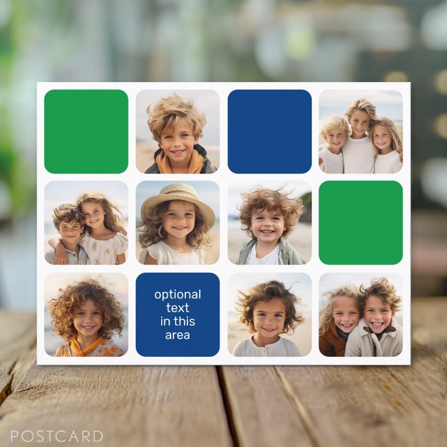 8 photo collage modern cube blue green postcard (Custom Photo Postcard)