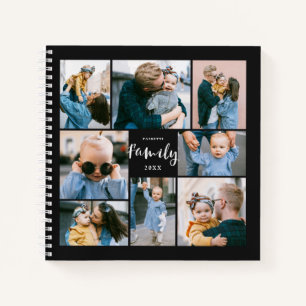 8 Photo Collage Modern Family Personalised Black Notebook