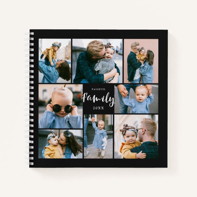 8 Photo Collage Modern Family Personalised | Black Notebook (Front)