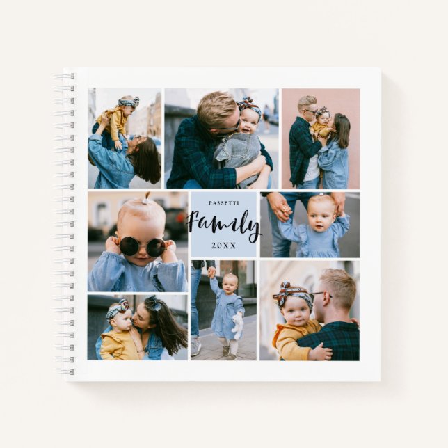 8 Photo Collage Modern Family Personalised | Blue Notebook (Front)