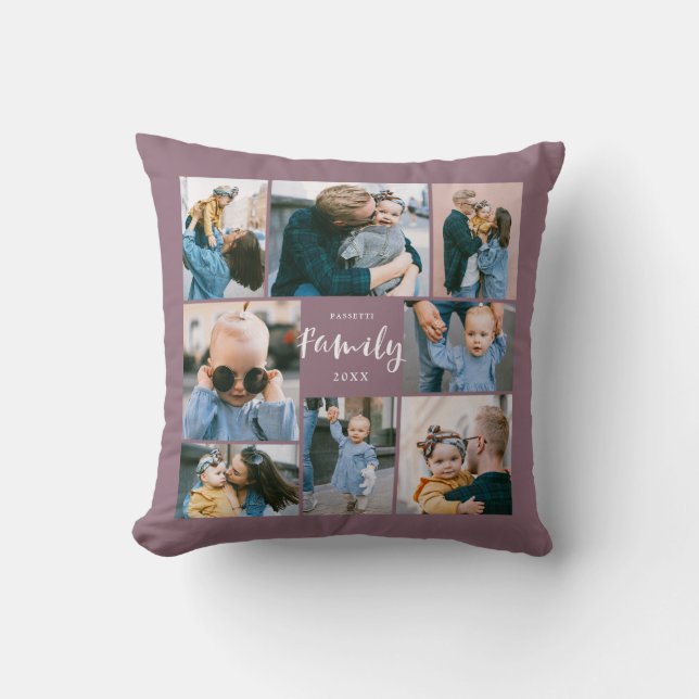 8 Photo Collage Modern Family Personalised | Plum Cushion (Front)
