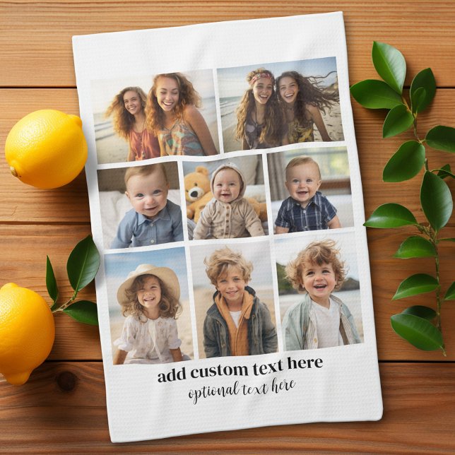 8 Photo Collage - Modern Minimal Black and White Tea Towel (Custom Kitchen Towel with Photo Collage)