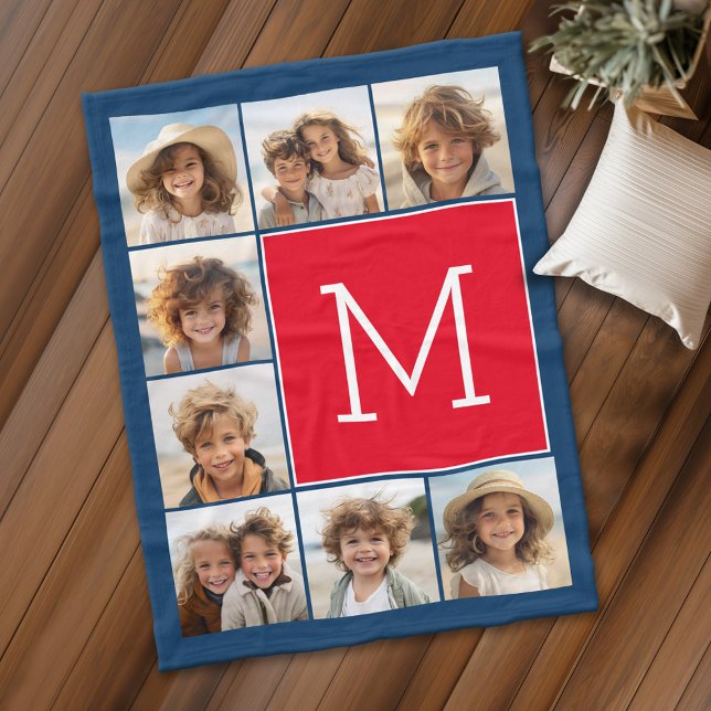8 Photo Collage Monogram - Blue and Red Fleece Blanket (Personalized fleece blanket with 8 photos and a monogram)