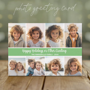 8 Photo Collage on Matcha Green with White Script Holiday Card