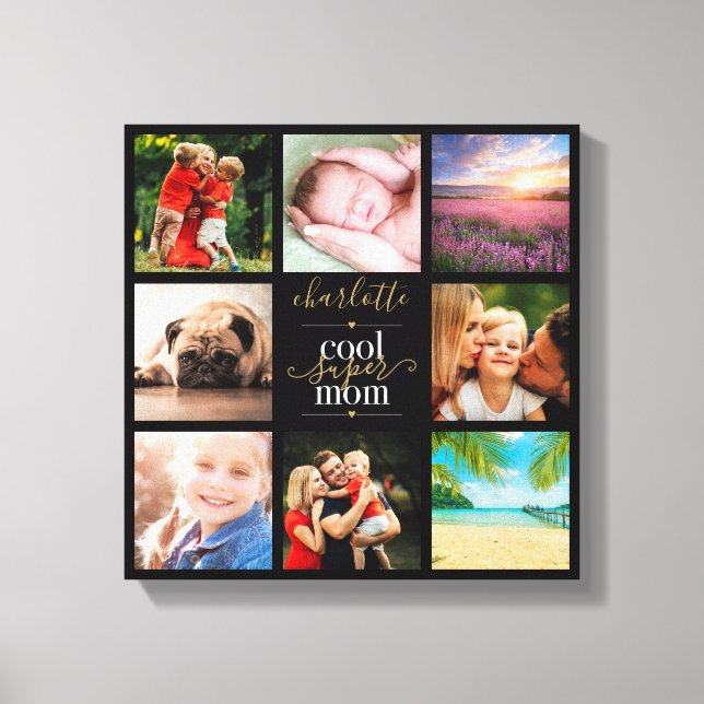 8 Photo Collage Personalised Cool Super Mum Canvas Print (Front)